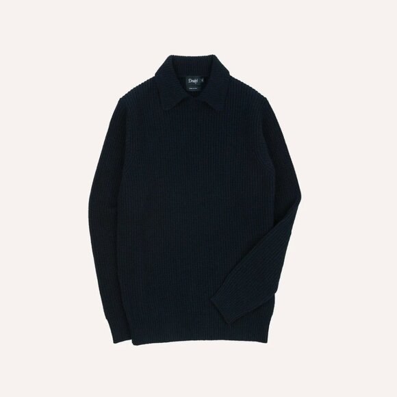 Drake's Navy Alpaca Lambswool Ribbed Integral Collar Jumper/Sweater, Size Small - Picture 1 of 5